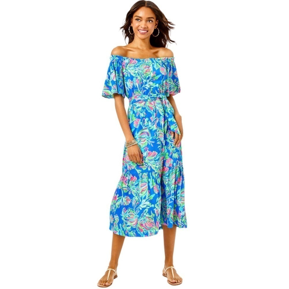 LILLY PULITZER Small Merle Midi dress Blue Flare Fancy Fins